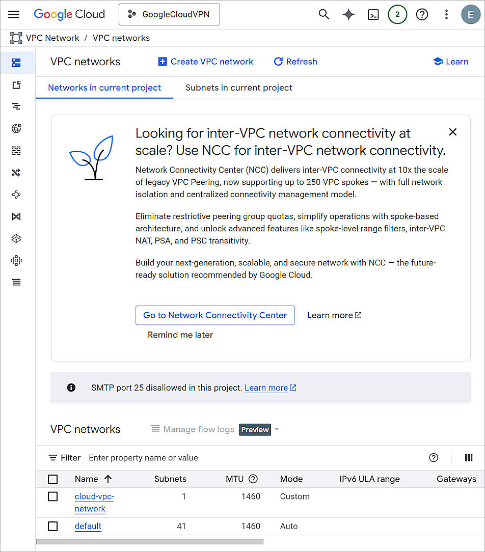 Screenshot of the completed VPN network settings in Google Cloud